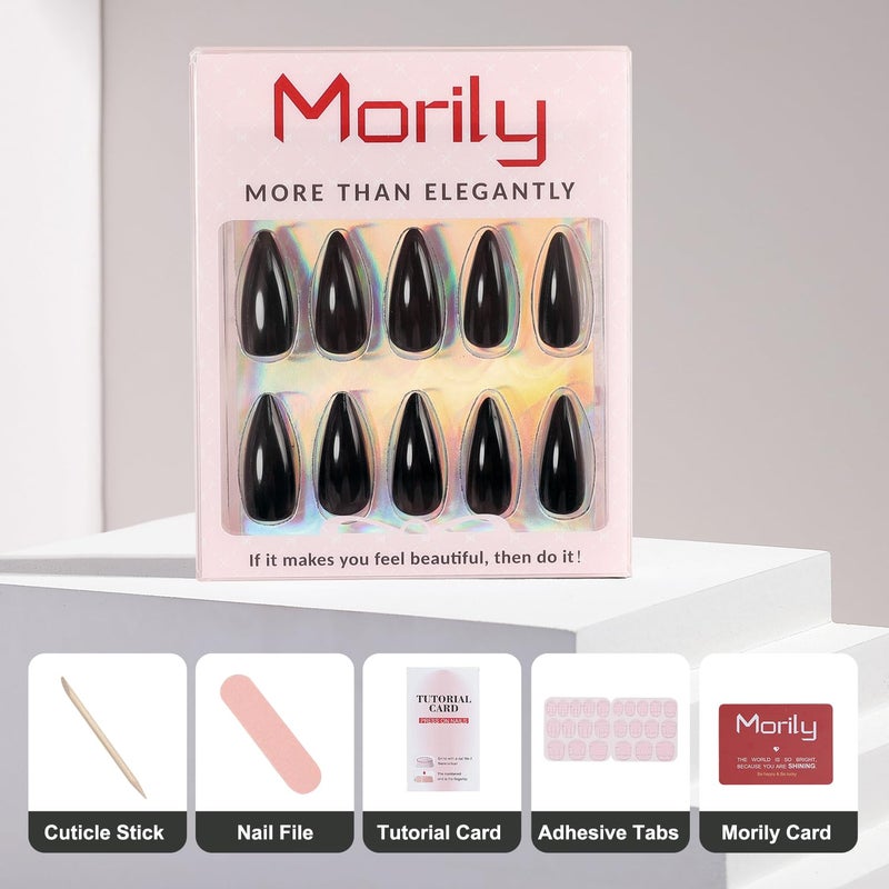 morily 24Pcs Black Press on Nails Stiletto Fake Nails Medium Length Almond False Nails Tips Long Acrylic Glossy Stick on Nail Solid Color Full Cover Fingernails Manicure for Women (Black) - Image 4